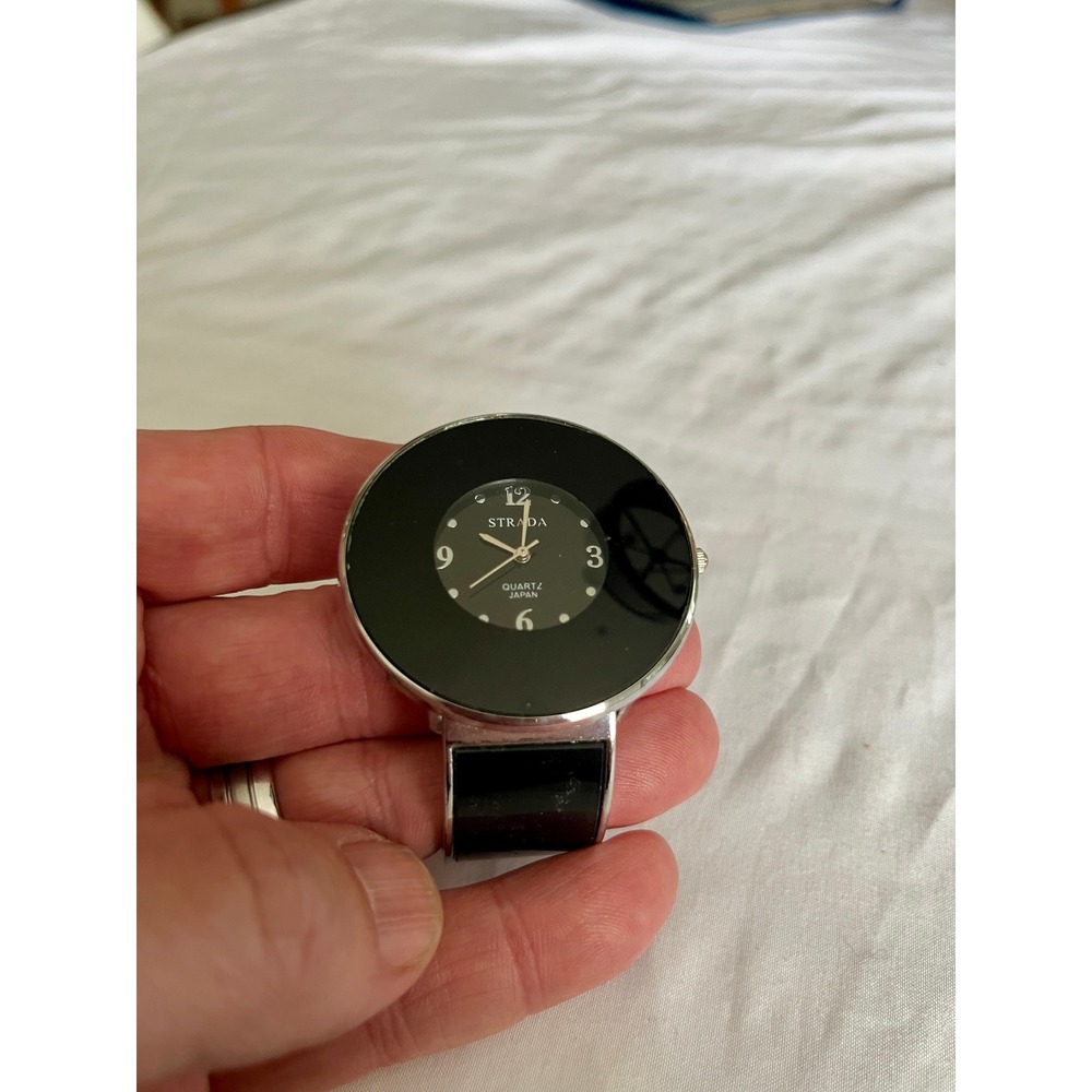 Strada Quartz Japan Black Dial Silver Tone Cuff Bangle Statement Watch